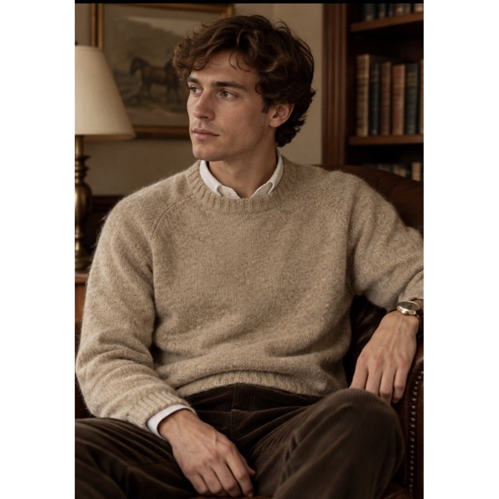 Vintage 100% Shetland Wool Crewneck Sweater Pullover L Oatmeal Beige Heritage